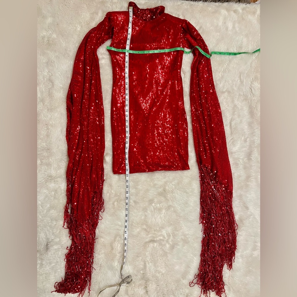 RICHARD DEMETER One Of A Kind Red Sequined Dress With Waterfall Sleeves Size XS - Picture 11 of 14